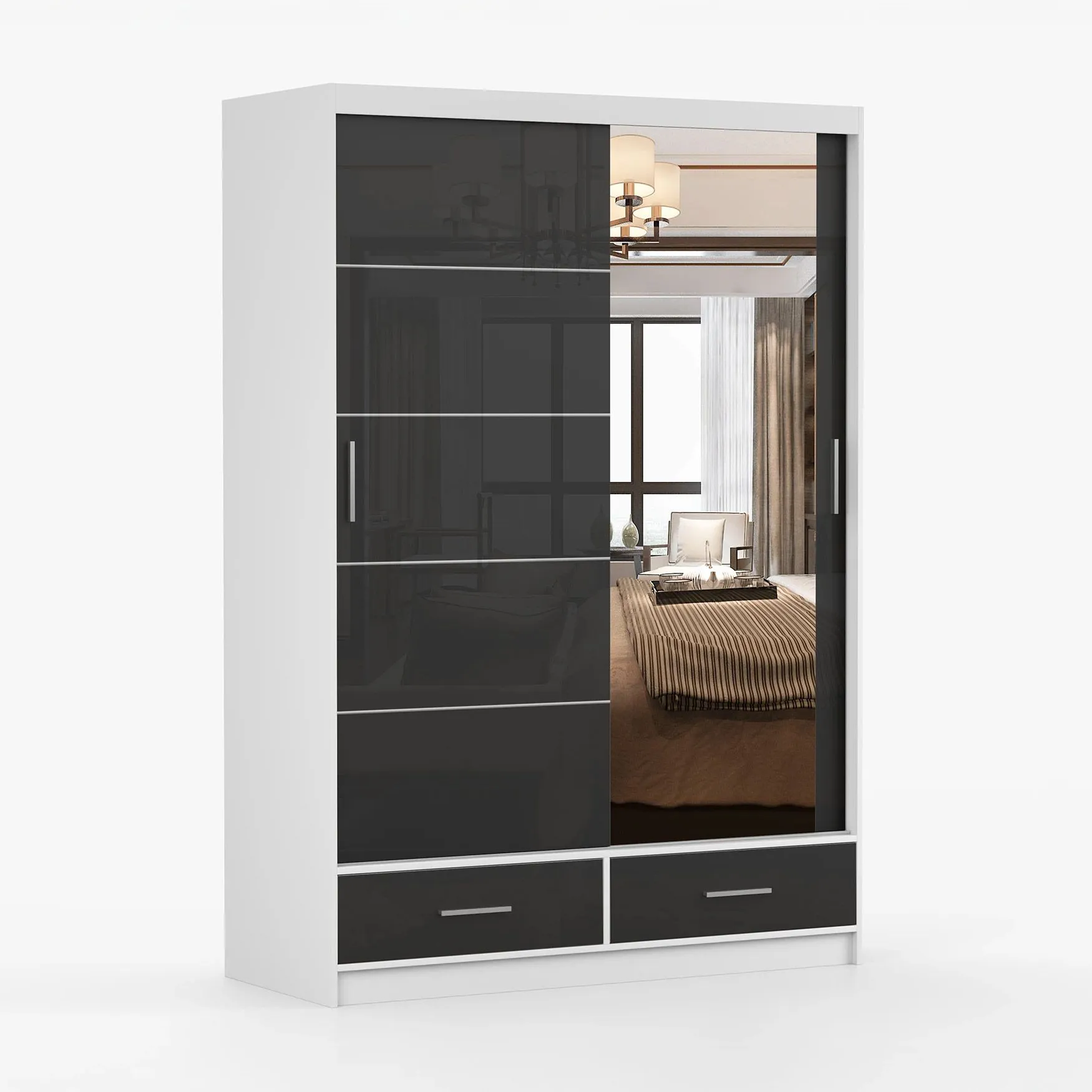 Schiebetürenschrank / Kleiderschrank mit Spiegel | 218 x 150 x 61 cm | Schwarz / Weiß | Lusatian 03 | 2 Türen | 2 Schubladen | 6 Fächer