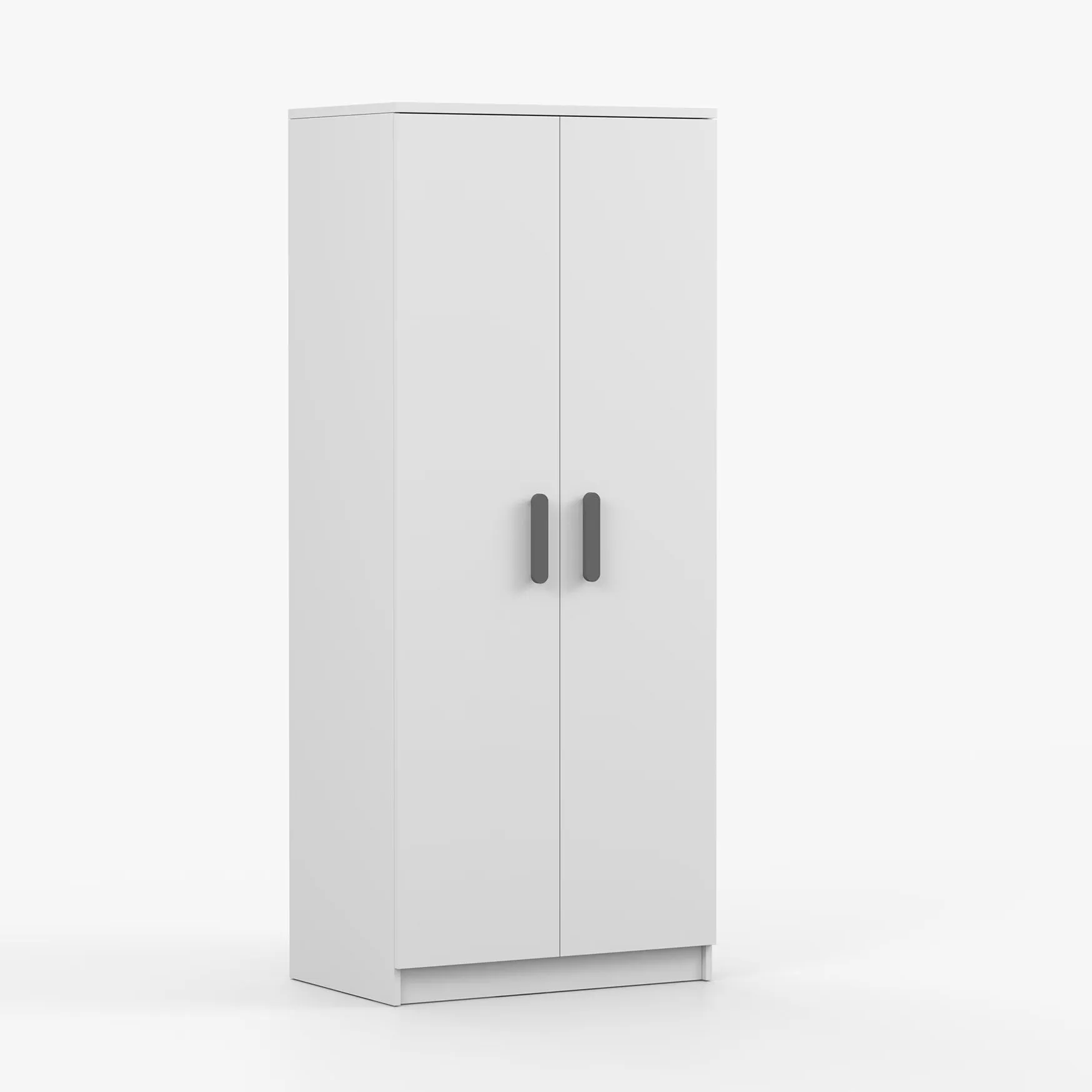 Drehtürenschrank / Kleiderschrank | Weiß | Smolikas 72 | 192 x 80 x 50 cm | 2 Türen | 5 Fächer | 1 Kleiderstange | graue Holzgriffe