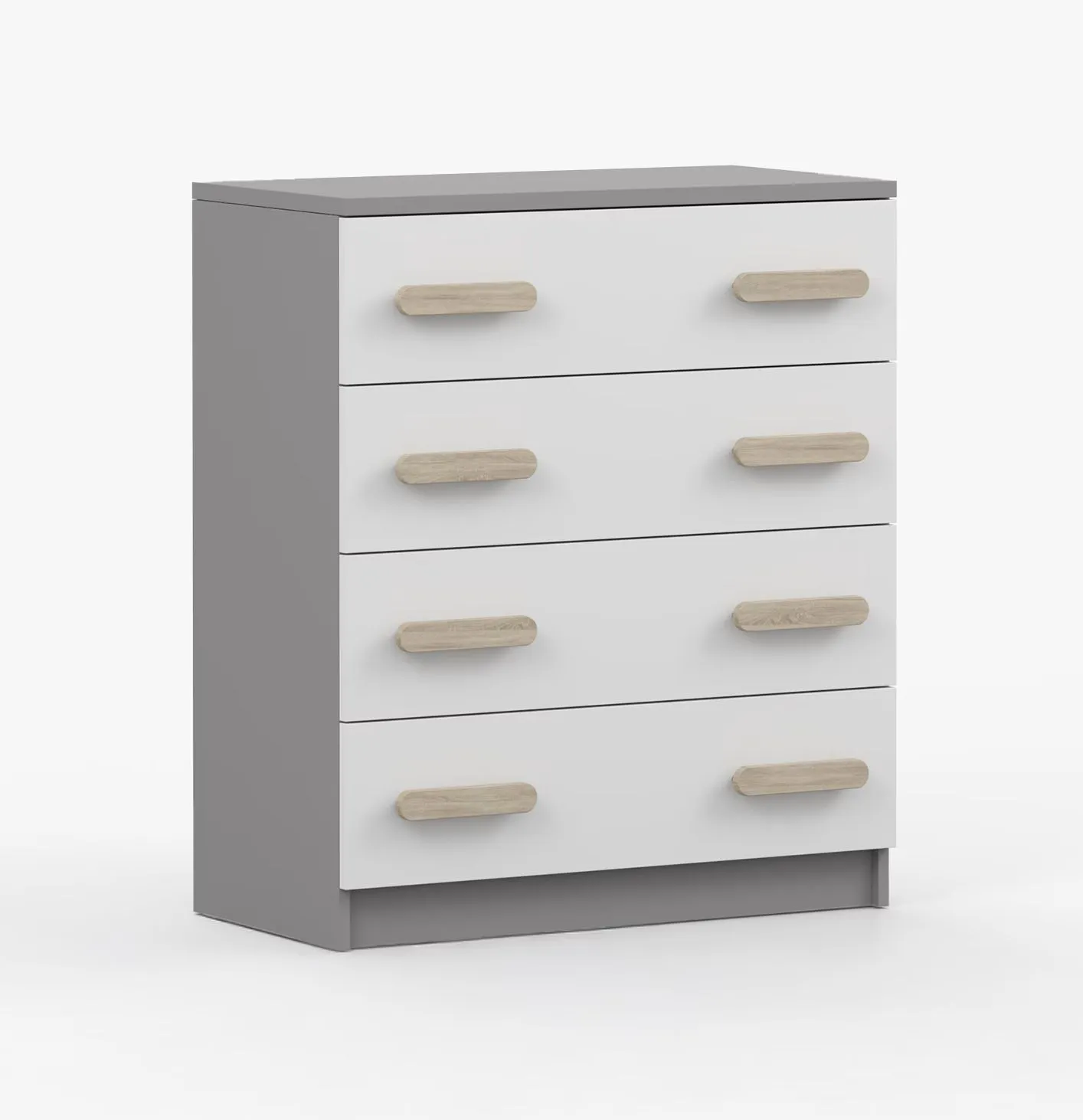 Kommode 80 cm breit | Weiß / Grau | Smolikas 15 | 4 geräumige Schubladen | braune Holzgriffe | 90 x 80 x 40 cm | Kinder | Jugend