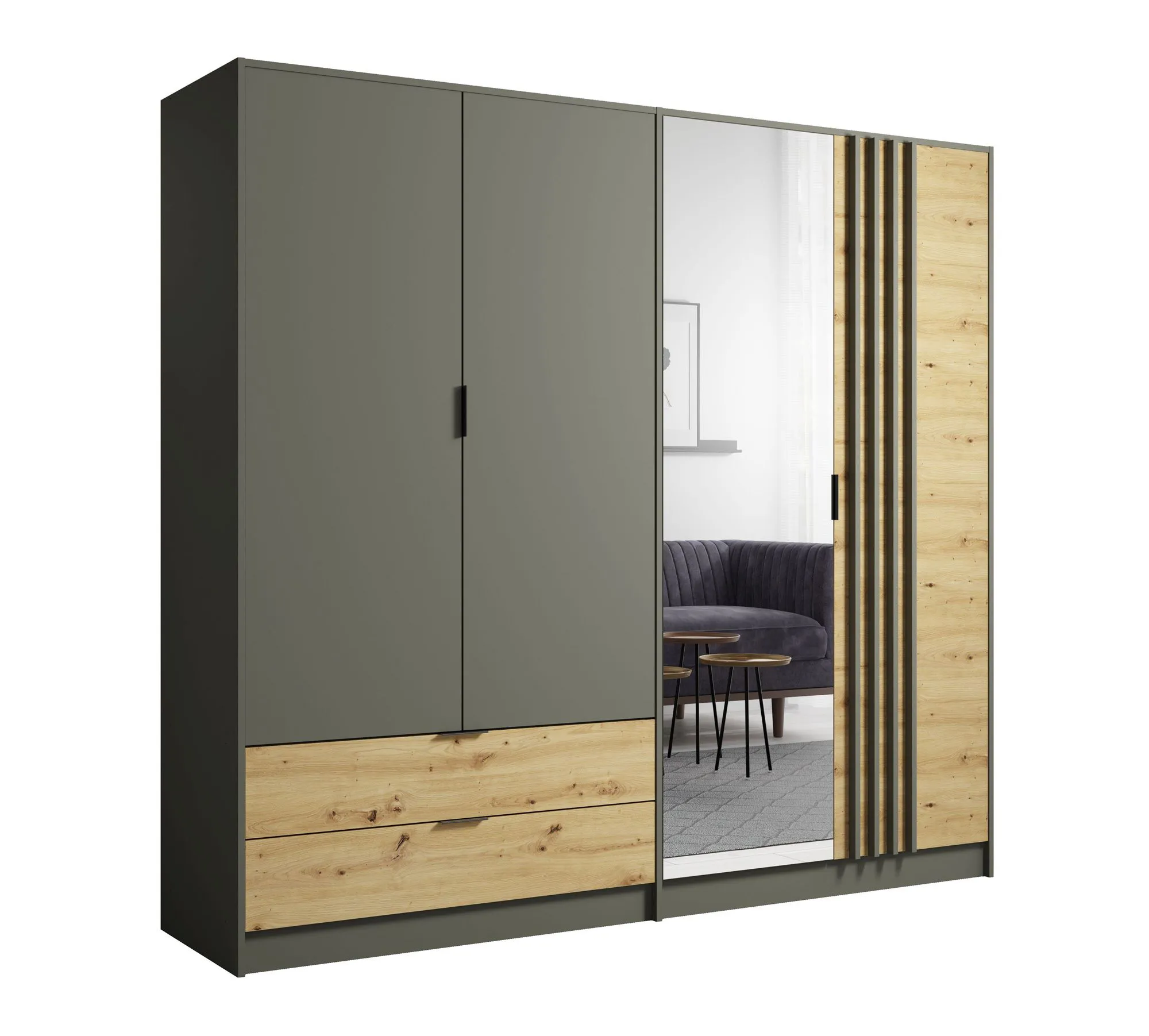 Drehtürenschrank / Kleiderschrank mit einer Spiegeltür Dionysos 01, 2,2 Meter breit, zwei Schubladen, Farbe: Eiche Artisan / Graphitgrau, zwei Kleiderstangen