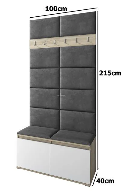 Schmale Garderobe 01 mit Sitzbank gepolstert, Farbe: Artisan/Schwarz/Elephant, 215 x 100 x 40 cm, für 8 Paar Schuhe, 6 Kleiderhaken, 4 Fächer