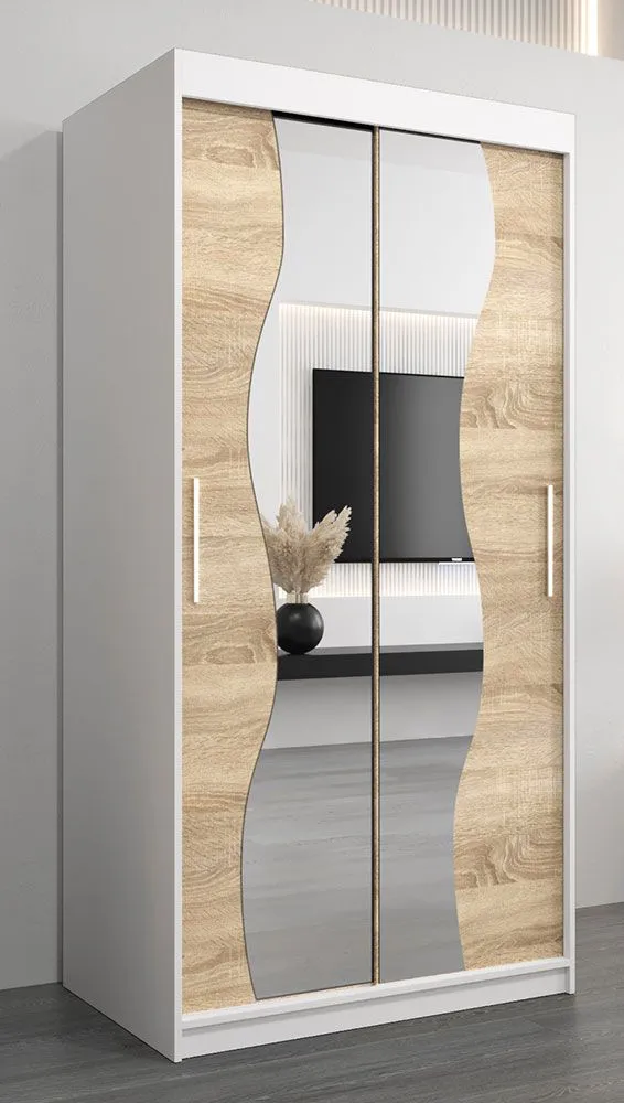 Schiebetürenschrank / Kleiderschrank Robinyera 01 mit Spiegel, Farbe: Weiß matt / Eiche Sonoma