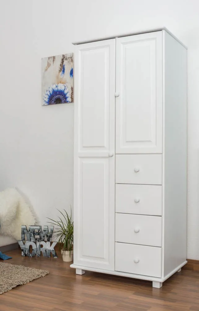 Schlafzimmerschrank, Farbe: Weiß 190x80x60 cm, Türen Anzahl 1, Höhe (cm) 190, Länge/Tiefe (cm) 80, Breite (cm) 60, Massivholz, Material Kiefer massiv, Schlafzimmerschrank, Farbe: Weiß 190x80x60 cm