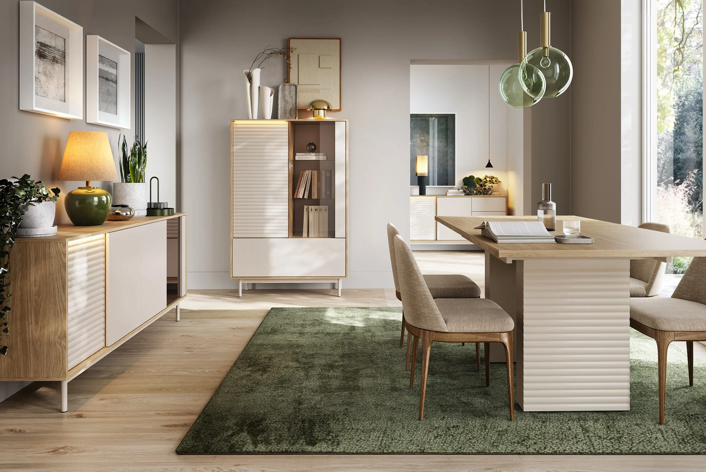 Esszimmer Komplett - Set A Tamino | 4-teilig | mit hellen Design | Farbe: Eiche / Kaschmir | ABS-Kantenschutz | 1 Vitrine | 1 Sideboard | 1 Highboard