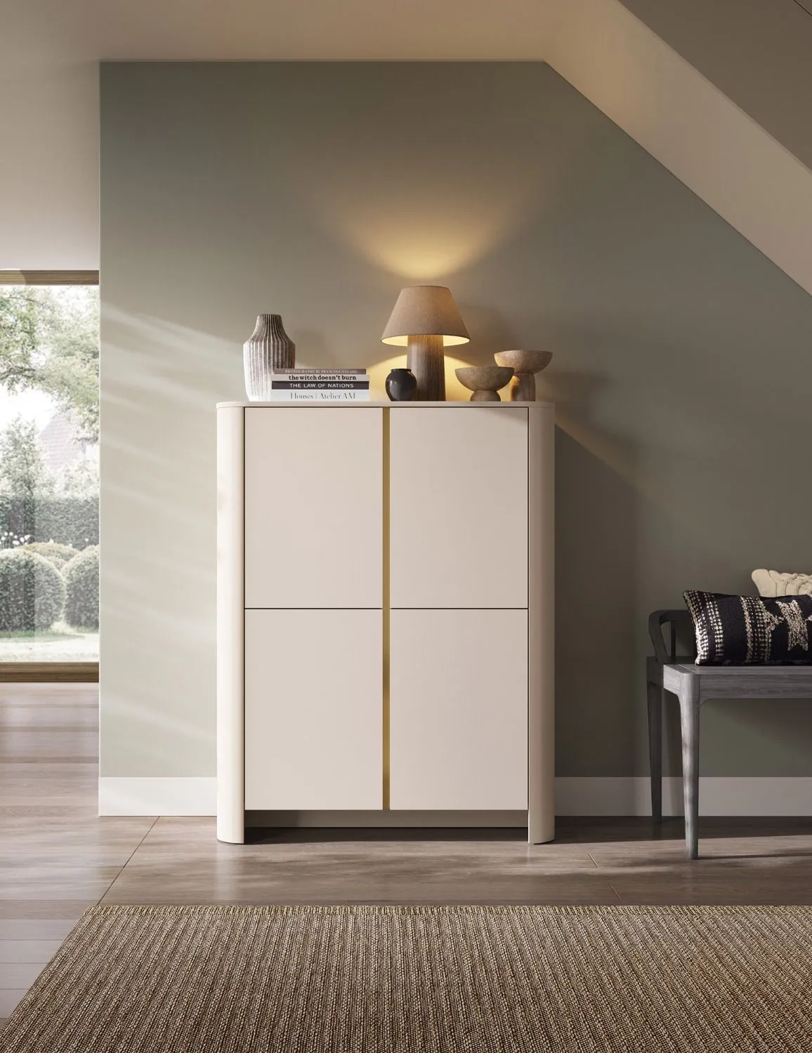 sideboard 45 cm tief Wohnzimmer Cariasca aus Wildeiche Massivholz und Stahl and clean aesthetics
