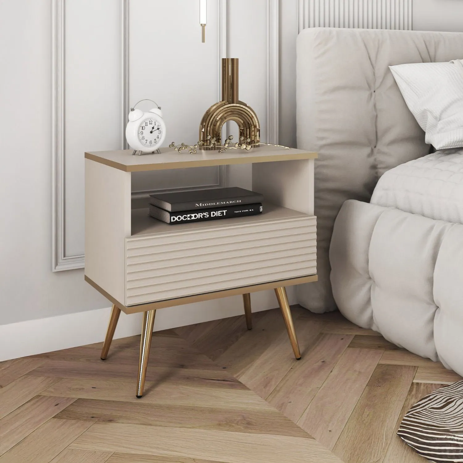 Nachtkommode | Nachttisch | Horsham 90 | Beige / Gold Akzente | 1 Schublade | 1 Fach | Push-to-open Funktion | Zweifarbig
