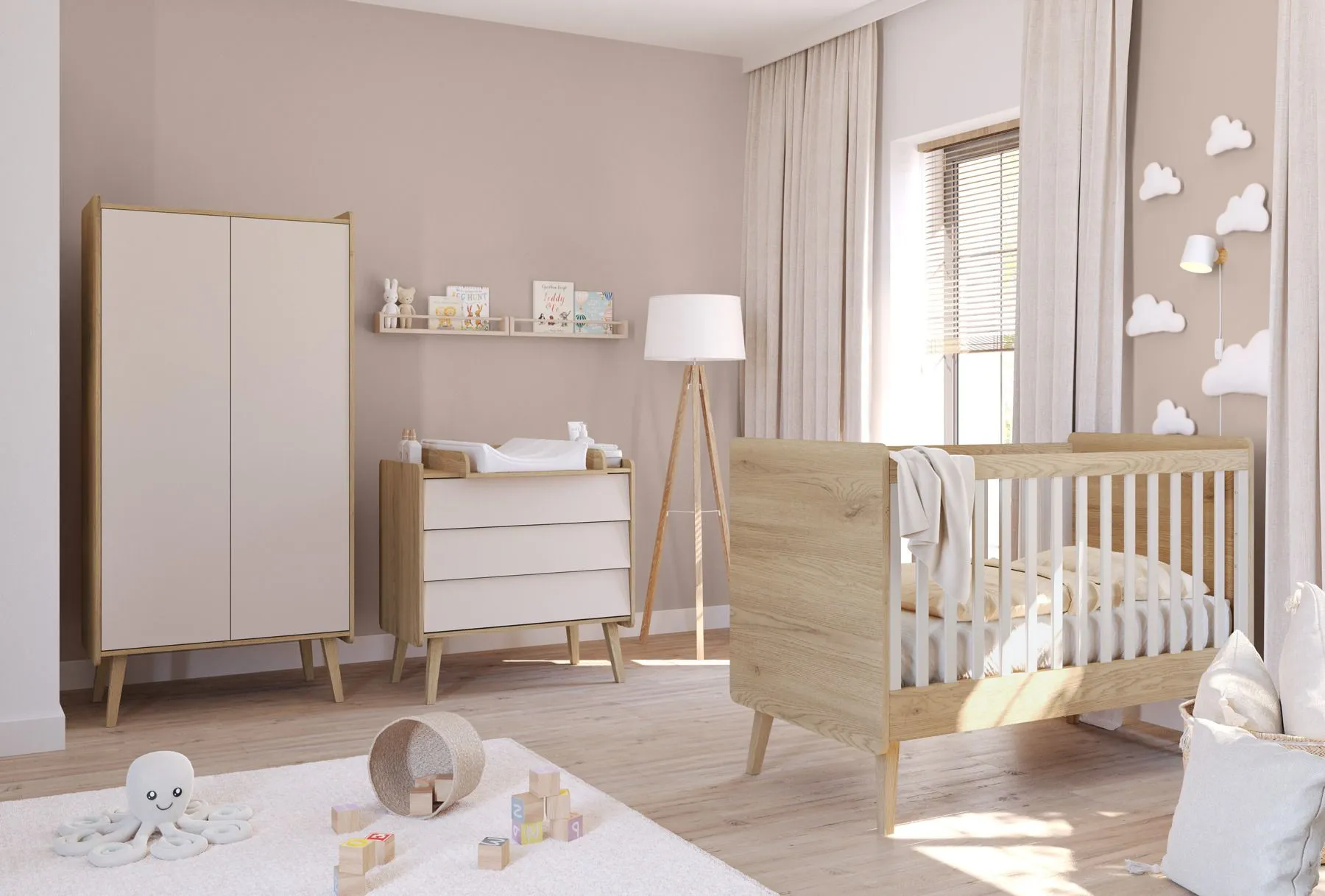 Kinderzimmer Komplett Set A Olle | 4-teilig | Farbe: Eiche Cremona / Beige | Kleiderschrank | 1 Kommode | 1 Kinderbett / Gitterbett