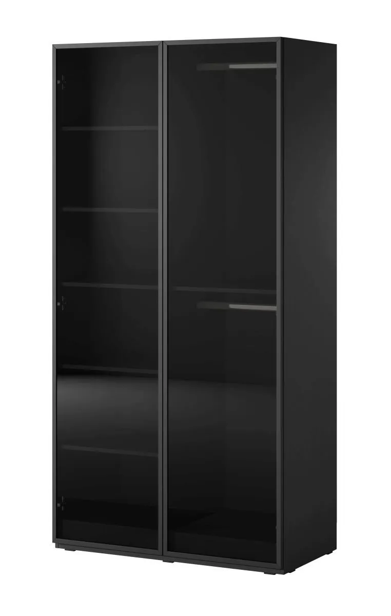 Kleiderschrank mit Glastüren Bainton 03, Farbe: Schwarz, 200 x 101 x 51 cm, 6 Fächer, 2 Kleiderstangen, viel Stauraum, elegantes Design, langlebig