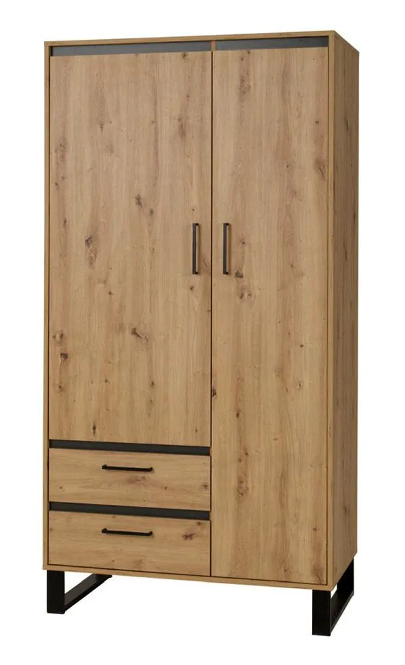 1 Meter breiter Kleiderschrank mit 2 Türen, 2 Fächern und 2 Schubladen | Farbe: Eiche