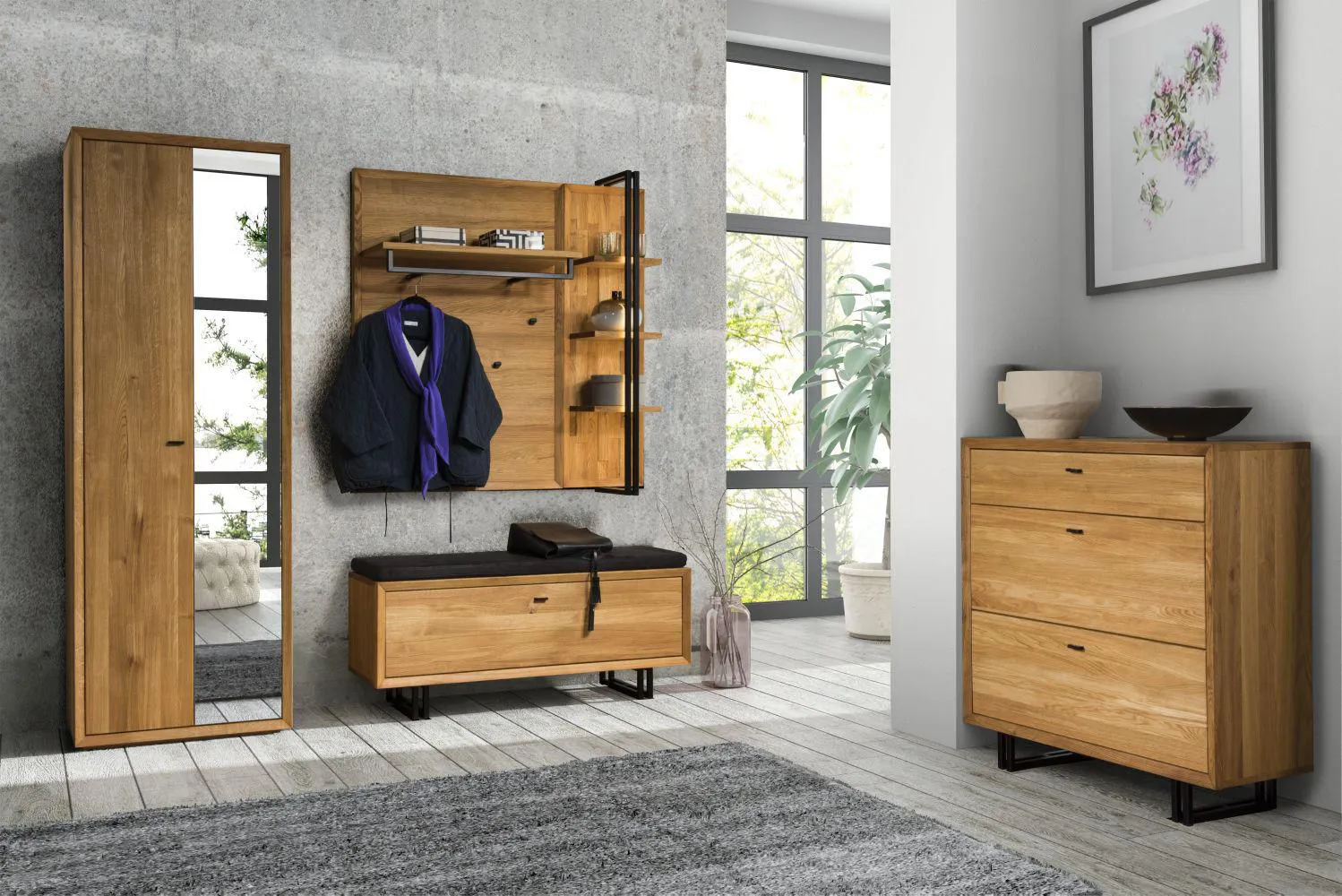 Garderoben - Set Modern, Türen Anzahl 2, Massivholz Teilmassiv, Material Eiche teilmassiv, Farbe Eiche Natur, Belem, B, Garderoben