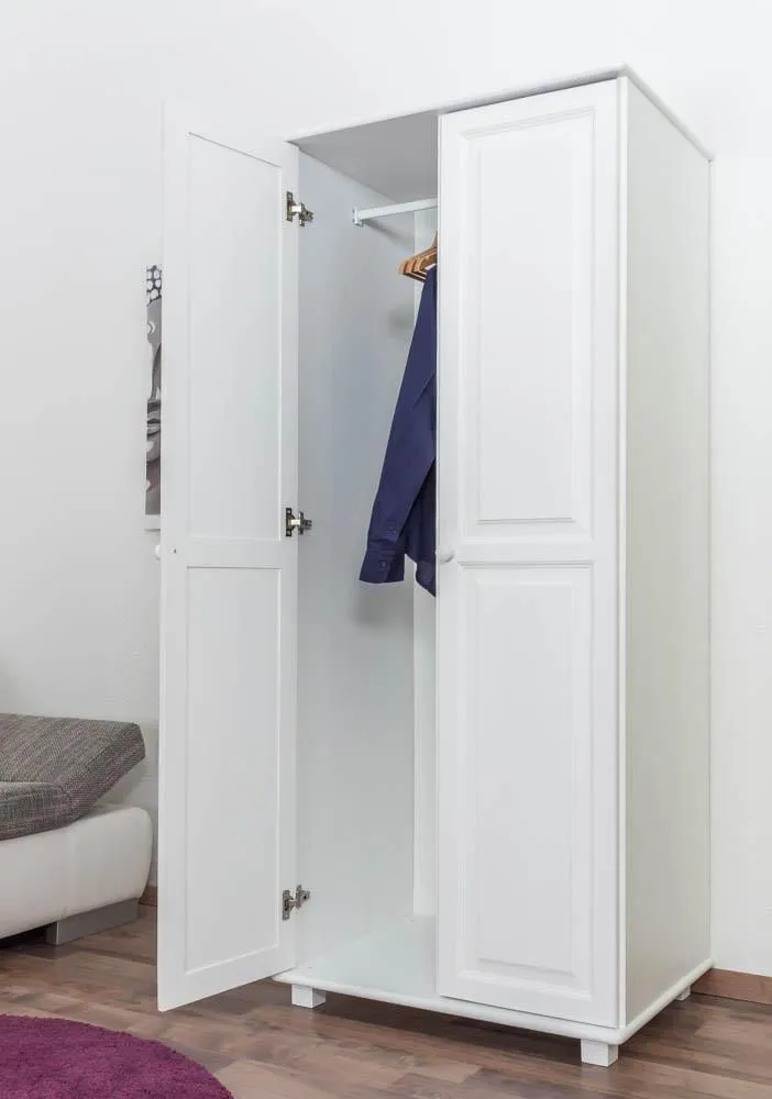 Schrank 80 cm breit, Farbe: Weiß, Massivholz, Türen Anzahl 2, Höhe (cm) 190, Länge/Tiefe (cm) 80, Breite (cm) 60, Massivholz, Material Kiefer massiv, Schrank 80 cm breit, Farbe: Weiß, Massivholz