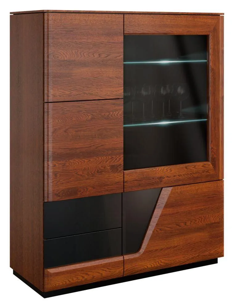 Esszimmerschrank, Vitrine, 102 cm breit, teilmassiv, Optik: Walnuss / Schwarz, Türen Anzahl 4, Höhe (cm) 131, Länge/Tiefe (cm) 102, Breite (cm) 43, Massivholz Teilmassiv, Material Eiche teilmassiv, Esszimmerschrank, Vitrine, 102 cm breit, teilmassiv