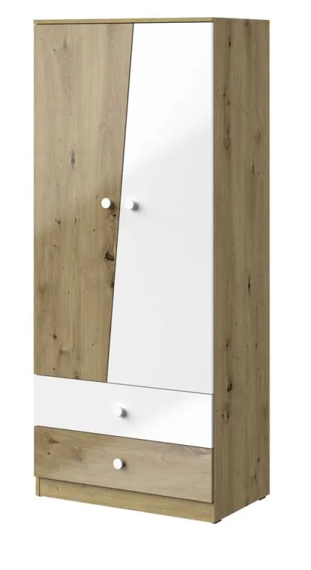 Drehtürenschrank / Kleiderschrank Sirte 01, Farbe: Eiche / Weiß Hochglanz - Abmessungen: 190 x 80 x 50 cm (H x B x T)