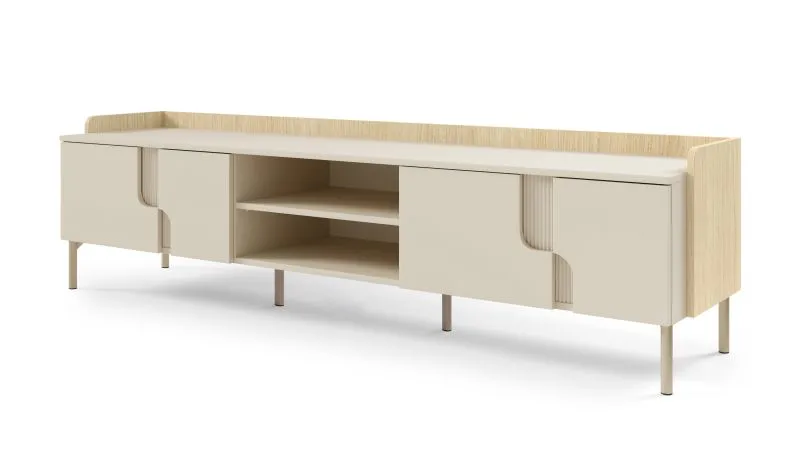 TV-Unterschrank | Farbe: Eiche Mavelie / Macadamia | 4 Drehtüren | 4 Fächer | 200 x 42 x 51 cm | Push-to-open Funktion | langes TV-Möbel | für Wohnzimmer
