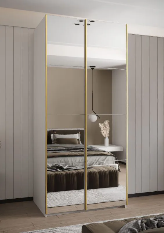 Kleiderschrank / Schiebetürenschrank | 245,5 x 120 x 64 cm | 6 Fächer | Soft-Close | 6 Einlegeböden | 2 Kleiderstangen | 2 Schiebetüren | Farbe: Weiß