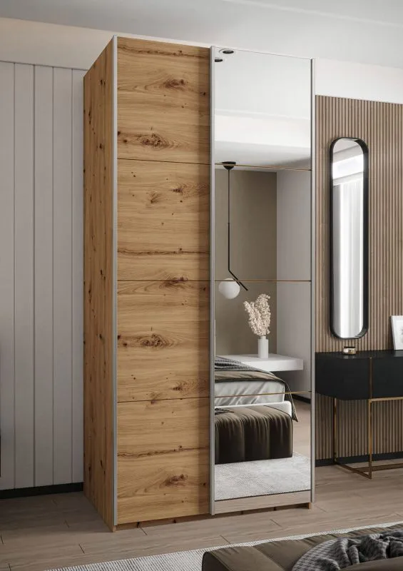 Kleiderschrank / Schiebetürenschrank | 6 Fächer | 2 Kleiderstangen | Farbe: Eiche Artisan | 245,5 x 110 x 64 cm | Soft-Close | Spiegel | 2 Schiebetüren
