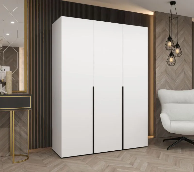 Kleiderschrank mit Soft-Close-Funktion Eiger 14, Farbe: Weiß, drei Türen, Drehtürenschrank, zwei Fächer, 1,5 Meter breit, Griffe: Schwarz, zwei Kleiderstangen
