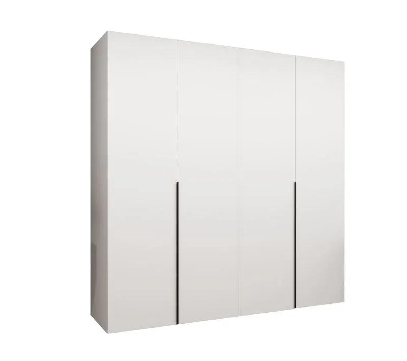 Kleiderschrank mit Soft-Close-Funktion Eiger 25, Farbe: Weiß, vier Türen, Drehtürenschrank, zwei Fächer, 2 Meter breit, Griffe: Schwarz, zwei Kleiderstangen