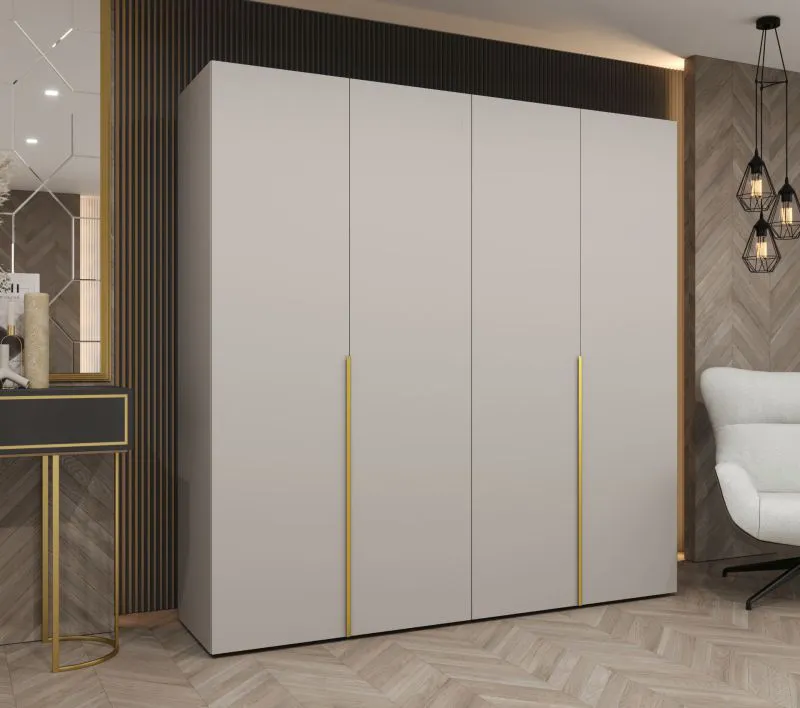 Kleiderschrank mit zwei Kleiderstangen Eiger 33, Farbe: Kaschmir, 2 Meter breit, zwei Fächer, vier Türen, Soft-Close-Funktion, Griffe: Gold, für Schlafzimmer
