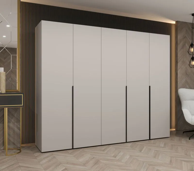 Kleiderschrank / Drehtürenschrank Eiger 42, Farbe: Kaschmir, fünf Türen, drei Kleiderstangen, 2,5 Meter breit, drei Fächer, Griffe: Schwarz, Soft-Close-Funktion