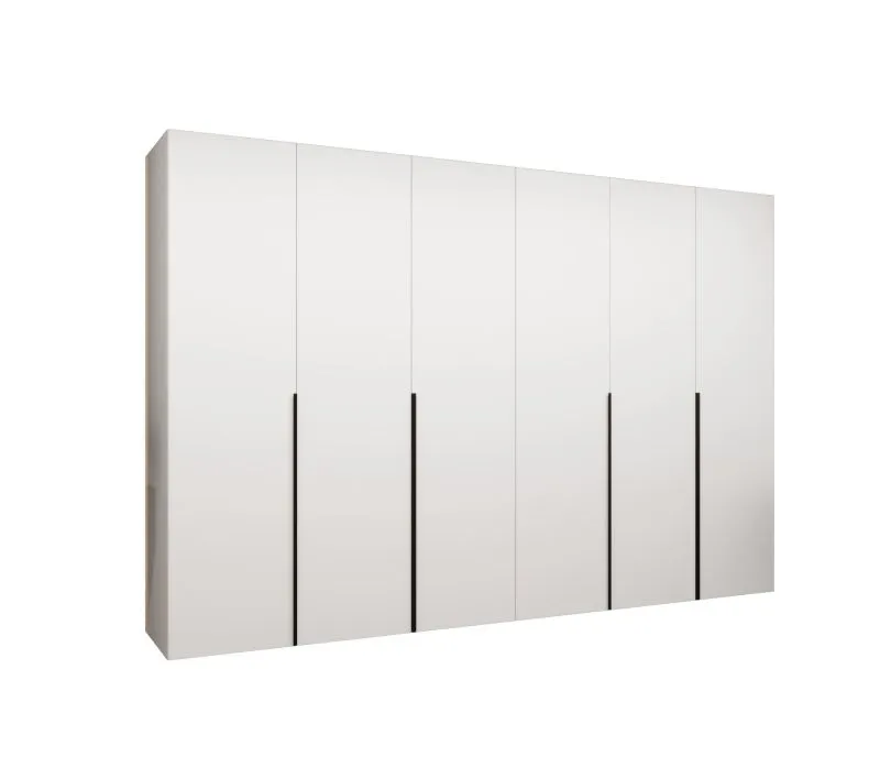 Kleiderschrank mit Soft-Close-Funktion Eiger 47, Farbe: Weiß, sechs Türen, Drehtürenschrank, vier Fächer, 3 Meter breit, Griffe: Schwarz, vier Kleiderstangen