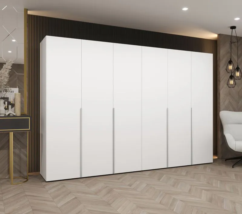 Kleiderschrank 3 Meter breit Eiger 48, Farbe: Weiß, Soft-Close-Funktion, Drehtürenschrank, Griffe: Kaschmir, vier Fächer, vier Kleiderstangen, für Schlafzimmer