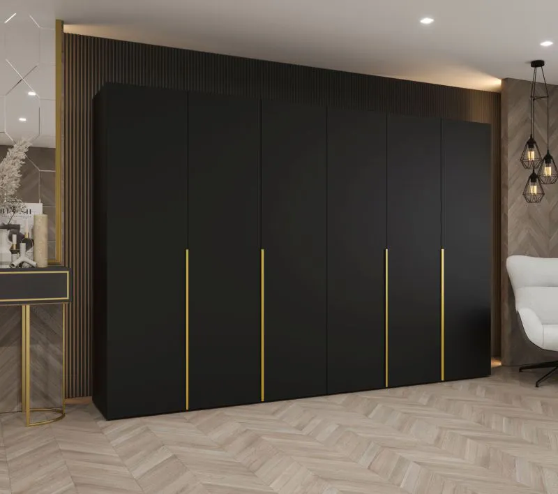 Drehtürenschrank Eiger 52, sechs Türen, Farbe: Schwarz, vier Kleiderstangen, 3 Meter breit, Soft-Close-Funktion, Kleiderschrank, Griffe: Gold, vier Fächer