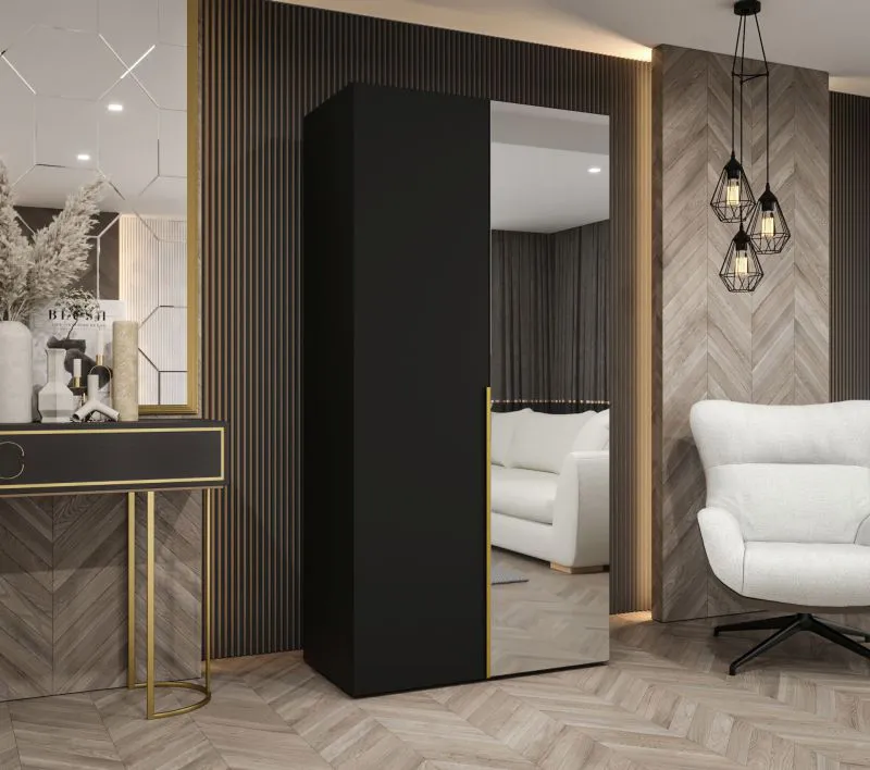 Kleiderschrank / Drehtürenschrank Eiger 63, Farbe: Schwarz, 1 Meter breit, eine Spiegeltür, eine Kleiderstange, Griffe: Gold, ein Fach, Soft-Close-Funktion