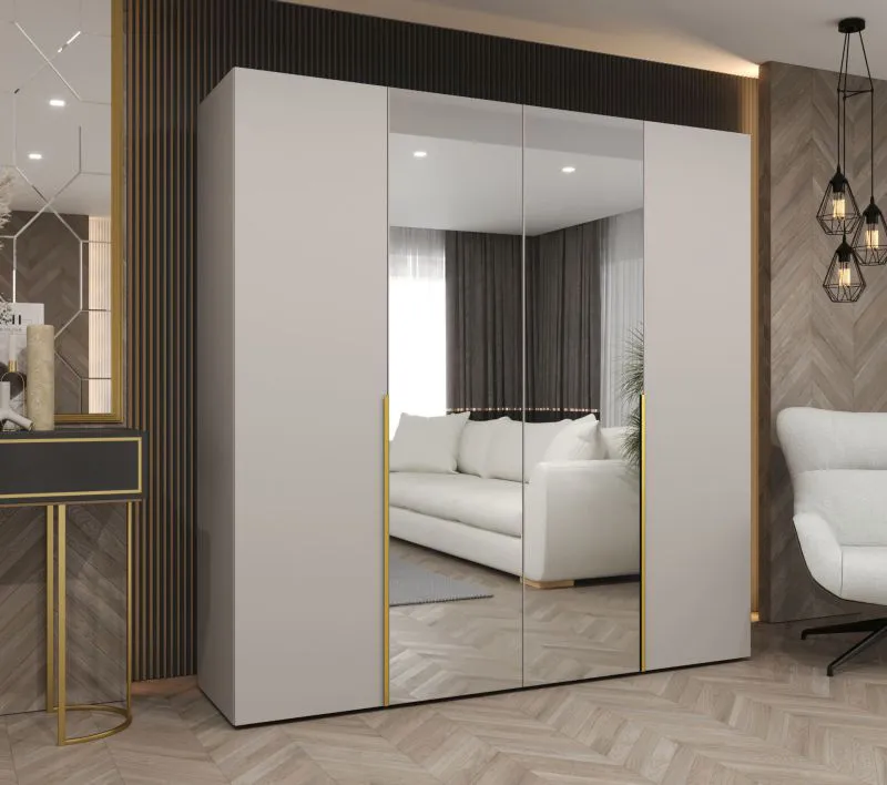 Drehtürenschrank mit zwei Spiegeltüren Eiger 88, Farbe: Kaschmir, 2 Meter breit, zwei Kleiderstangen, Griffe: Gold, zwei Fächer, Soft-Close-Funktion