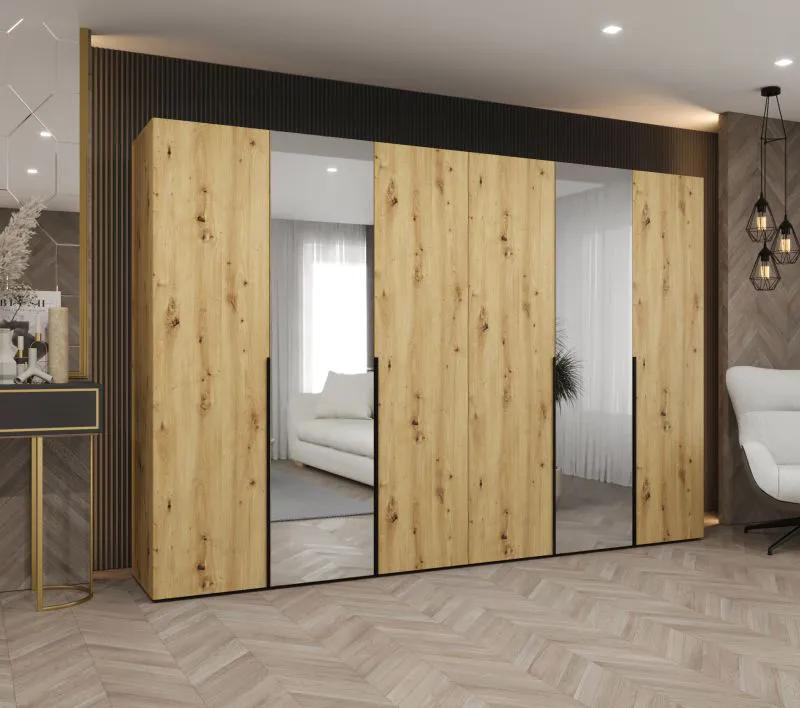 Drehtürenschrank mit zwei Spiegeltüren Eiger 100, Farbe: Eiche Artisan, 3 Meter breit, Griffe: Schwarz, vier Kleiderstangen, Kleiderschrank, vier Fächer