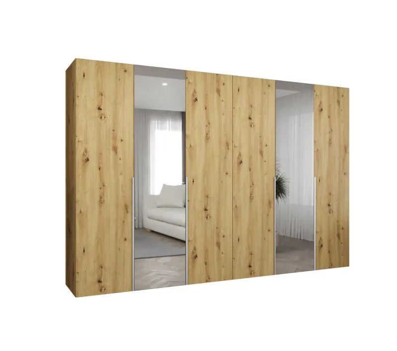 Kleiderschrank mit Soft-Close-Funktion Eiger 101, zwei Spiegeltüren, Farbe: Eiche Artisan, vier Kleiderstangen, 3 Meter breit, vier Fächer, Griffe: Kaschmir