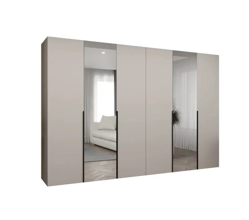 Kleiderschrank mit sechs Türen Eiger 108, Farbe: Kaschmir, zwei Spiegeltüren, Soft-Close-Funktion, 3 Meter breit, Griffe: Schwarz, vier Kleiderstangen, vier Fächer