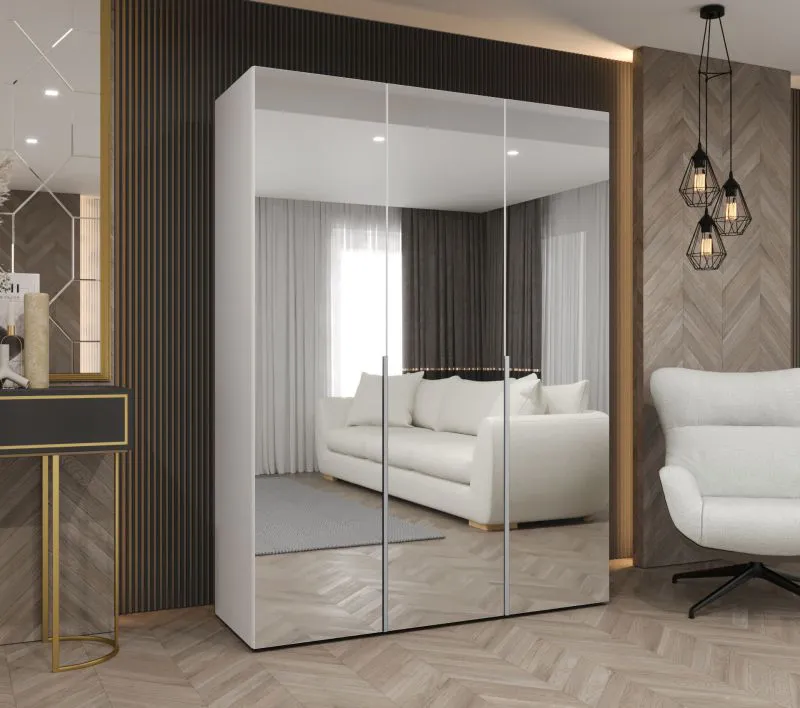 Drehtürenschrank / Kleiderschrank mit Soft-Close-Funktion Eiger 125, Farbe: Weiß, drei Spiegeltüren, zwei Kleiderstangen, 1,5 Meter breit, Griffe: Kaschmir