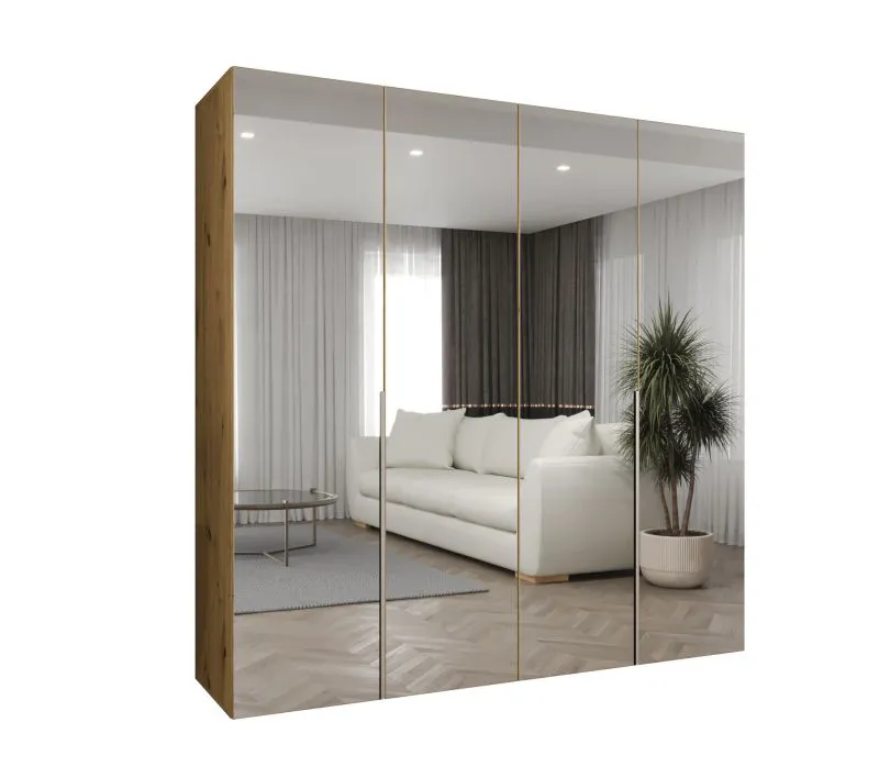 Kleiderschrank zwei Kleiderstangen Eiger 134, vier Spiegeltüren, 2 Meter breit, Soft-Close-Funktion, zwei Fächer, für Schlafzimmer