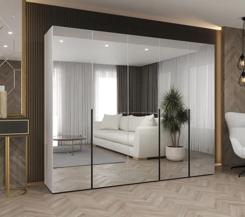 Drehtürenschrank mit fünf Spiegeltüren Eiger 146, Farbe: Weiß, drei Fächer, 2,5 Meter breit, Soft-Close-Funktion, Kleiderschrank, Griffe: Schwarz