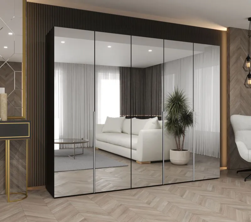 Kleiderschrank / Drehtürenschrank Eiger 150, Farbe: Schwarz, Soft-Close-Funktion, drei Kleiderstangen, 2,5 Meter breit, drei Fächer, Griffe: Kaschmir