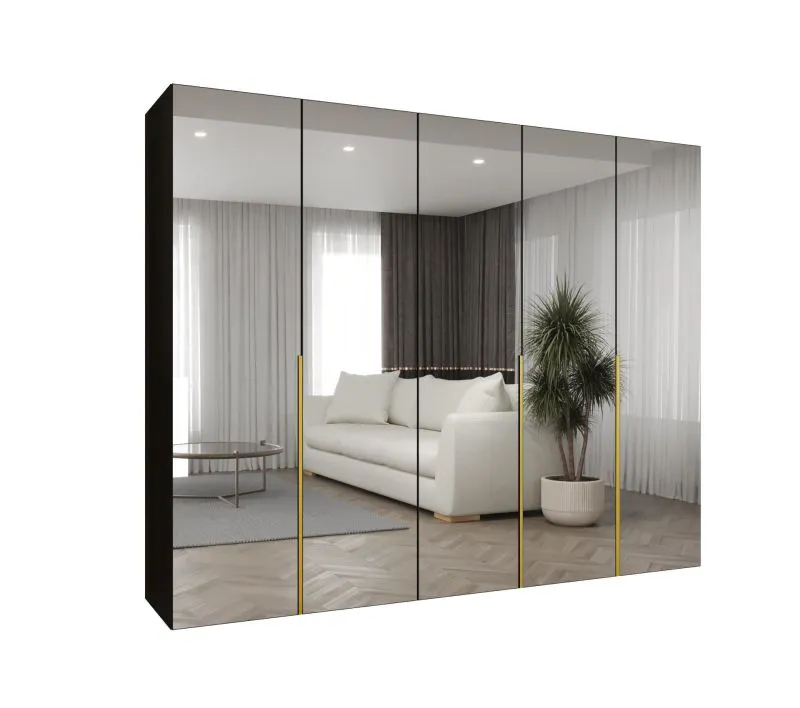 Kleiderschrank mit fünf Spiegeltüren Eiger 151, Farbe: Schwarz, drei Kleiderstangen, drei Fächer, 2,5 Meter breit, Soft-Close-Funktion, Griffe: Gold