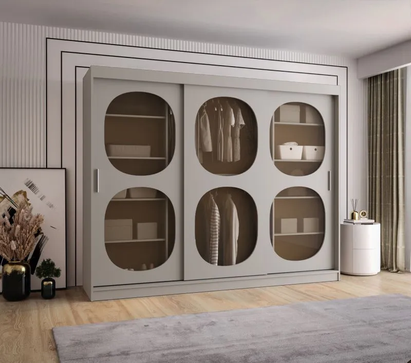 Schiebetürenschrank / Kleiderschrank Ortler 08, Farbe: Kaschmir, 2,5 Meter breit, zwei Kleiderstangen, zwei Schiebetüren mit Rauchglas, 10 Fächer