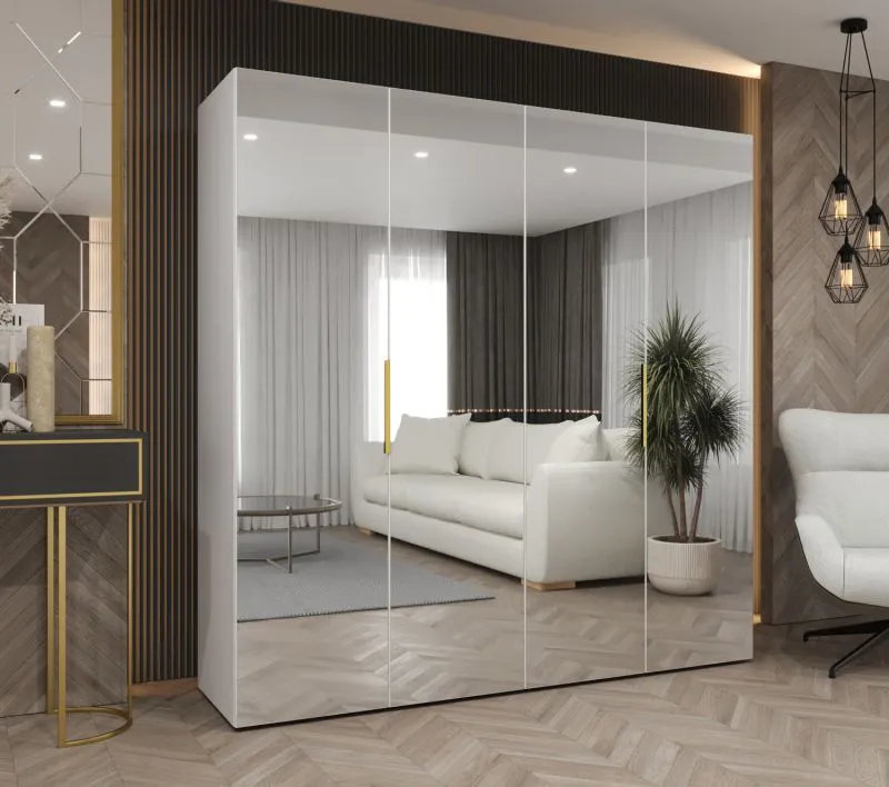 Kleiderschrank / Drehtürenschrank mit 2 Meter breite Korab 137, Farbe: Weiß, Soft-Close-Funktion, Griffe: Gold, zwei Fächer, zwei Kleiderstangen