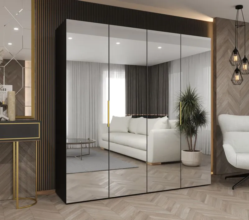 Drehtürenschrank mit zwei Kleiderstangen Korab 140, Farbe: Schwarz, Griffe: Gold, 2 Meter breit, Soft-Close-Funktion, zwei Fächer, vier Spiegeltüren