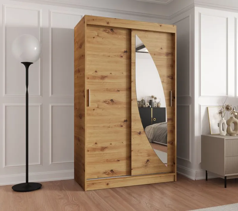 Schiebetürenschrank Jorasses 05, eine Spiegeltür, 1,2 Meter breit, Farbe: Eiche Artisan, fünf Fächer, Aluminiumschienen, Kleiderschrank, Schlafzimmer