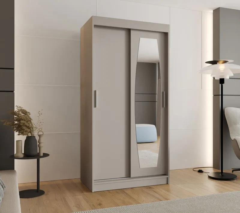 Kleiderschrank / Schiebetürenschrank Musala 04, Farbe: Kaschmir, 1 Meter breit, eine Spiegeltür, fünf Fächer, zwei Kleiderstangen, Aluminiumschienen