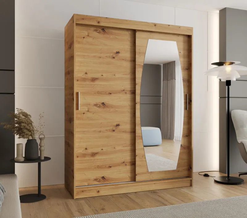Schiebetürenschrank mit einer Spiegeltür Musala 09, Farbe: Eiche Artisan, 1,5 Meter breit, fünf Fächer, zwei Kleiderstangen, Aluminiumschienen, Kleiderschrank