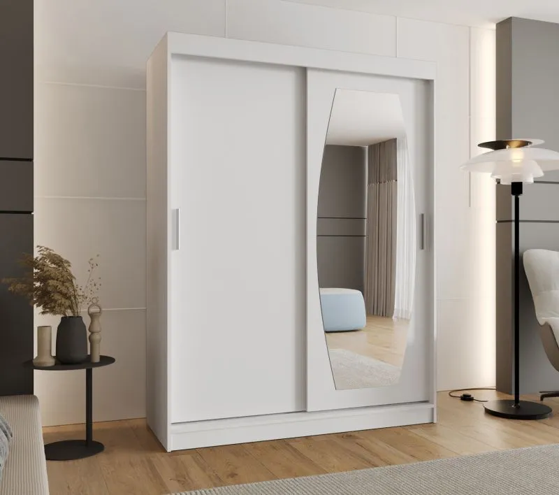 Kleiderschrank mit einer Spiegeltür Musala 10, Farbe: Weiß, 1,5 Meter breit, Aluminiumschienen, fünf Fächer, Schiebetürenschrank, zwei Kleiderstangen