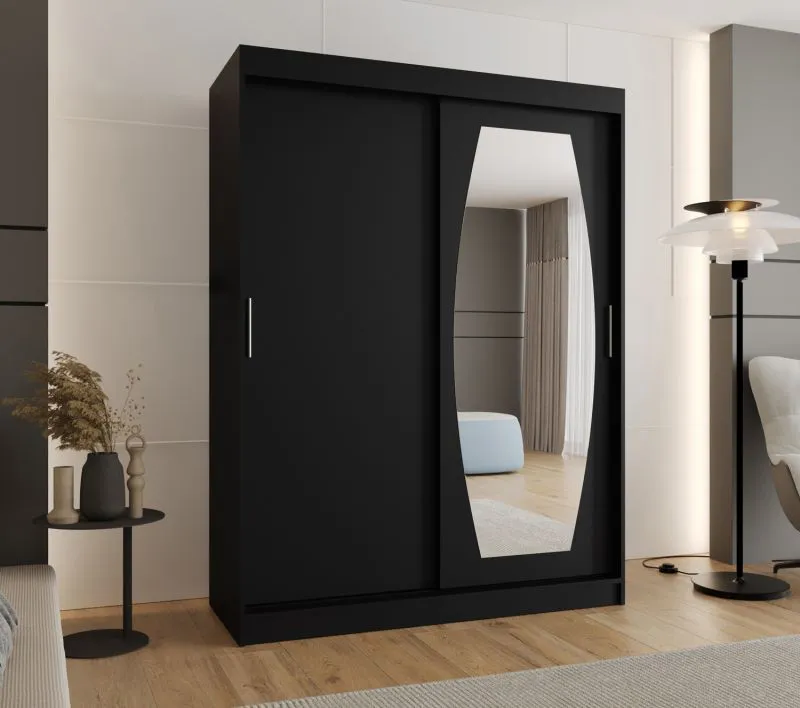 Schiebetürenschrank / Kleiderschrank Musala 11, Farbe: Schwarz, zwei Kleiderstangen, 1,5 Meter breit, Aluminiumschienen, eine Spiegeltür, fünf Fächer