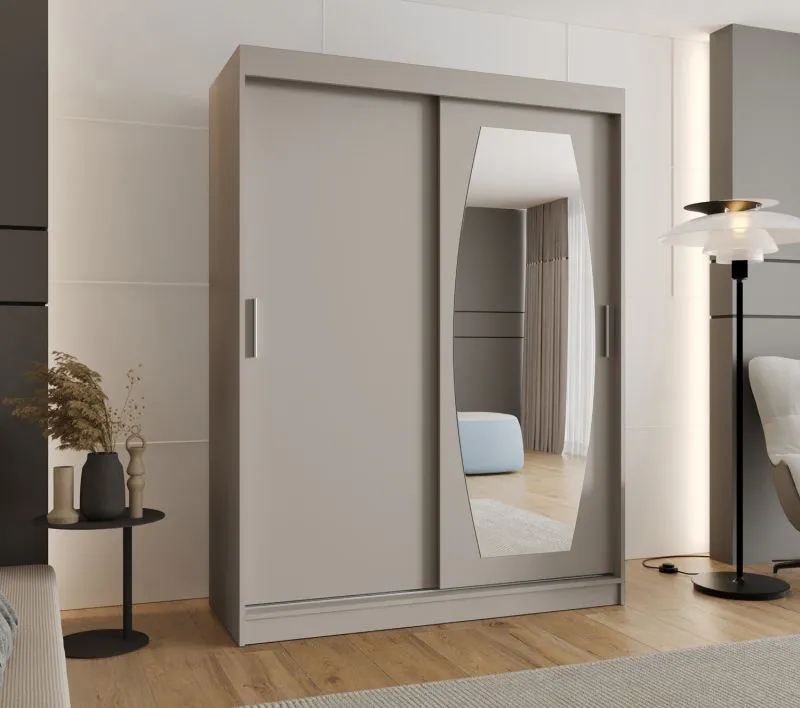 Kleiderschrank / Schiebetürenschrank Musala 12, Farbe: Kaschmir, 1,5 Meter breit, eine Spiegeltür, fünf Fächer, zwei Kleiderstangen, Aluminiumschienen