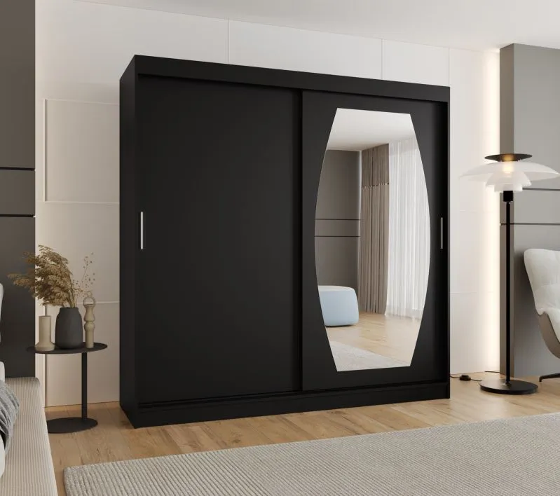 Schiebetürenschrank / Kleiderschrank Musala 19, Farbe: Schwarz, zwei Kleiderstangen, 2 Meter breit, Aluminiumschienen, eine Spiegeltür, 10 Fächer
