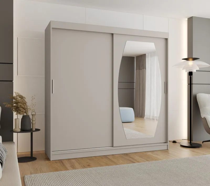 Kleiderschrank / Schiebetürenschrank Musala 20, Farbe: Kaschmir, 2 Meter breit, eine Spiegeltür, 10 Fächer, zwei Kleiderstangen, Aluminiumschienen