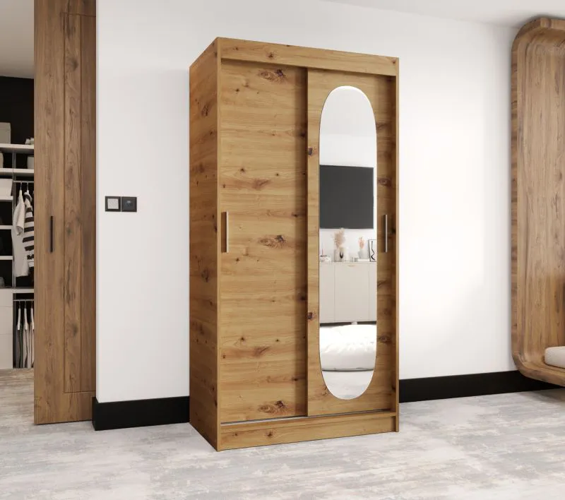 Schiebetürenschrank Moldoveanu 01, Farbe: Eiche Artisan, 1 Meter breit, fünf Fächer, zwei Kleiderstangen, Kleiderschrank, eine Tür mit ovalen Spiegel