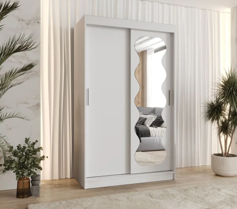 Kleiderschrank mit fünf Fächer Bernina 06, Farbe: Weiß, Aluminiumschienen, 1,2 Meter breit, eine Tür mit Spiegel, zwei Kleiderstangen, Schiebetürenschrank
